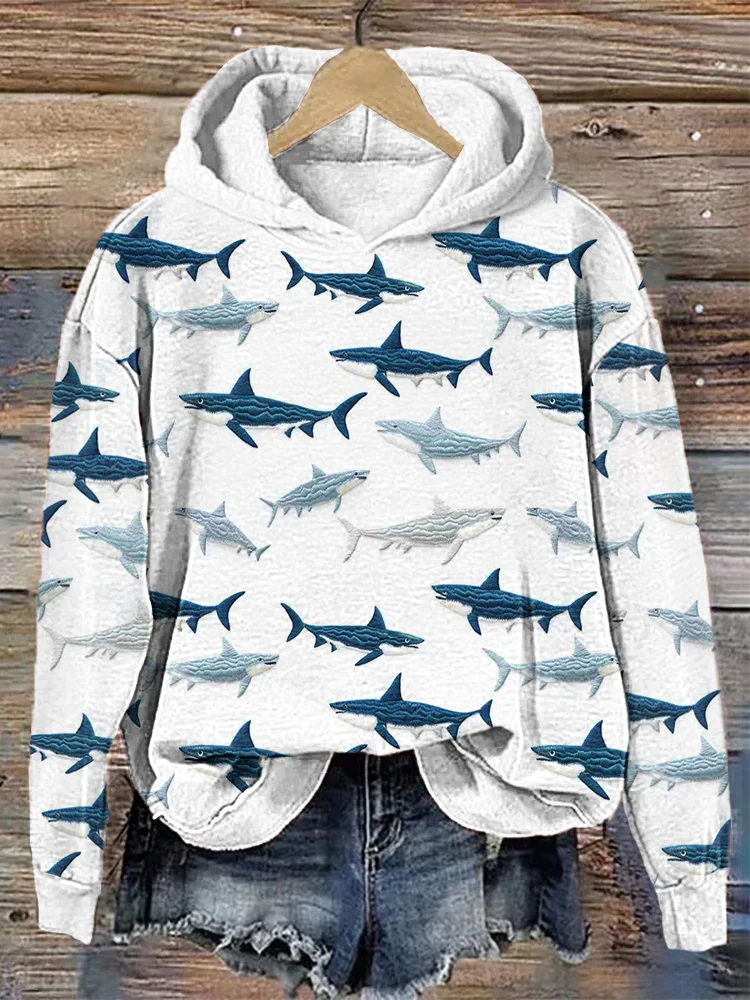 Wearshes Sharks Embroidery Pattern Casual Cozy Hoodie