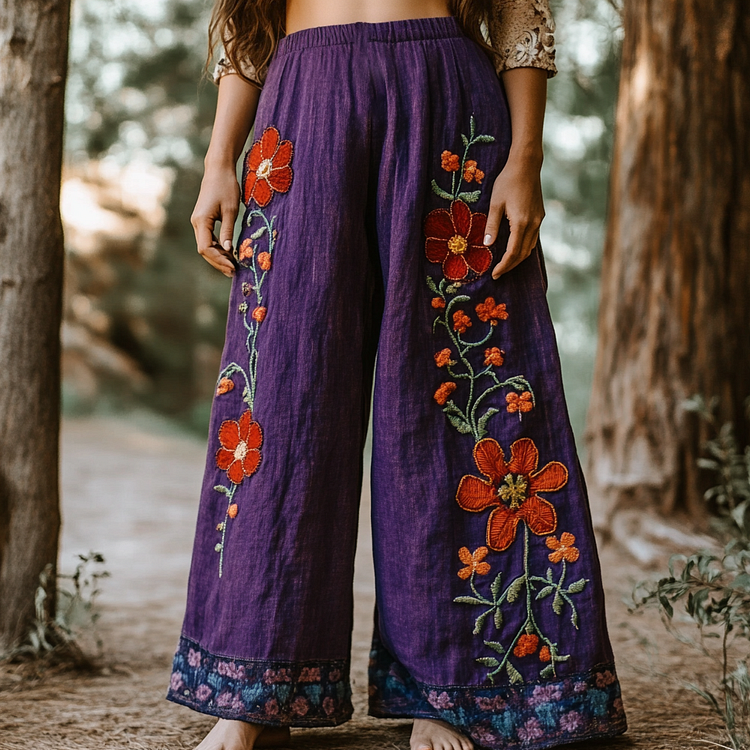 Bohemian Holiday Style Linen Bohemian Floral Print Linen Long Loose Wide-leg Pants