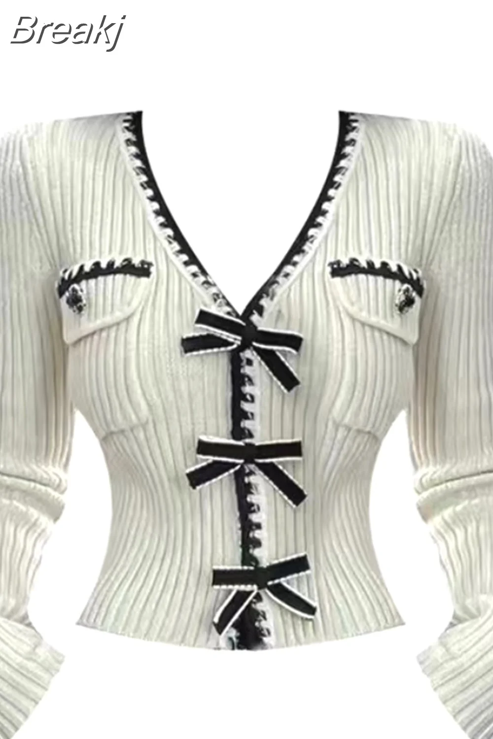 Breakj Knitted Pullover Office Lady 2023 Autumn Casual Long Sleeve Y2k Clothing V-neck Korean Style Fashion Slim Blouse Woman