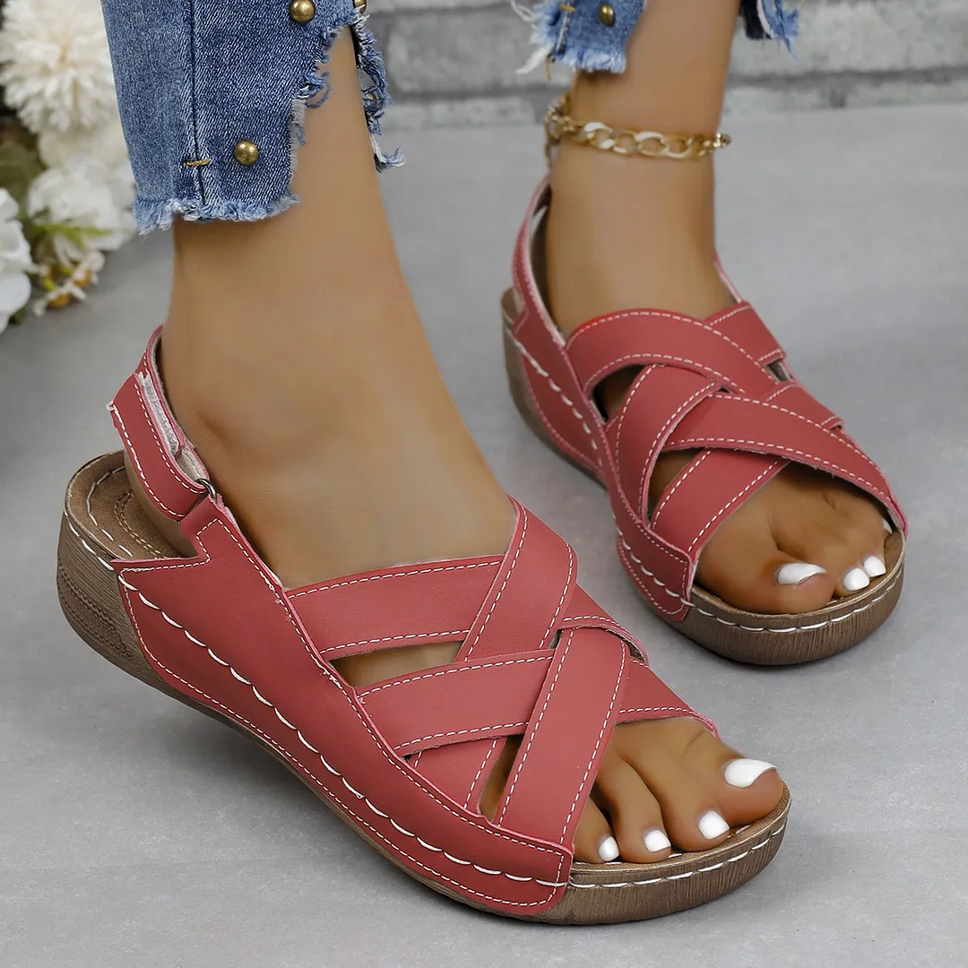 Breakj Breakj New Summer Women's Slope Sandals Thick Sole Buckle With Fish Mouth Sandals Pure-Colored Slope Heel Sandals