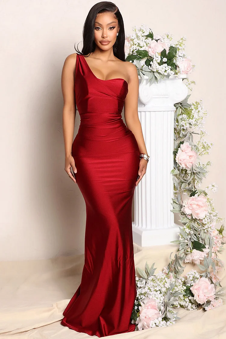 One Shoulder Ruched Bodycon Gown Maxi Dress