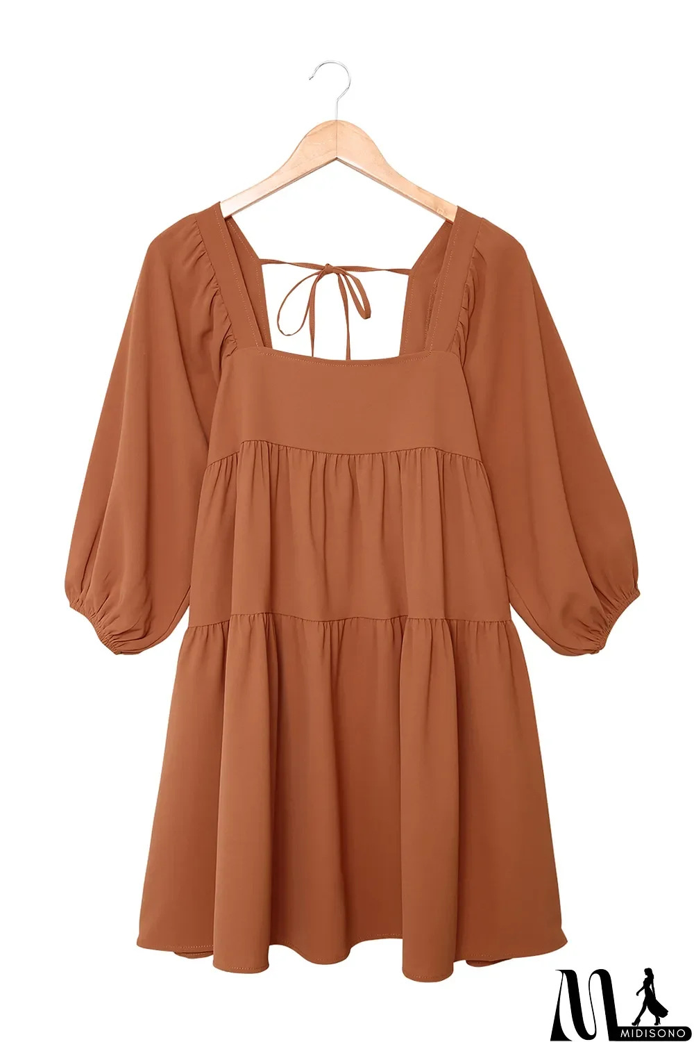 MidiSono - Brown Square Neck Half Sleeve High Low Mini Dress