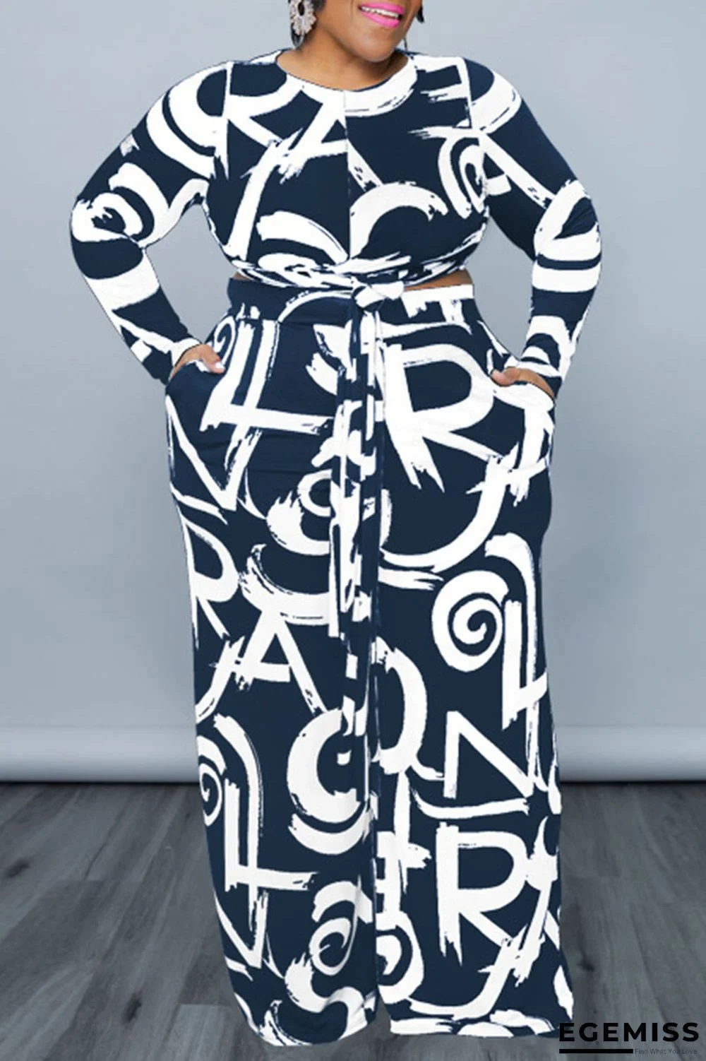 Tibetan Blue Casual Print Bandage Patchwork O Neck Plus Size Two Pieces | EGEMISS