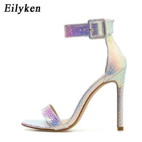 Eilyken Summer Silver Blue Serpentine Peep Toe High Heel Women Sandals Sexy Buckle Strap Ankle-wrap Ladies Sandals Club Shoes
