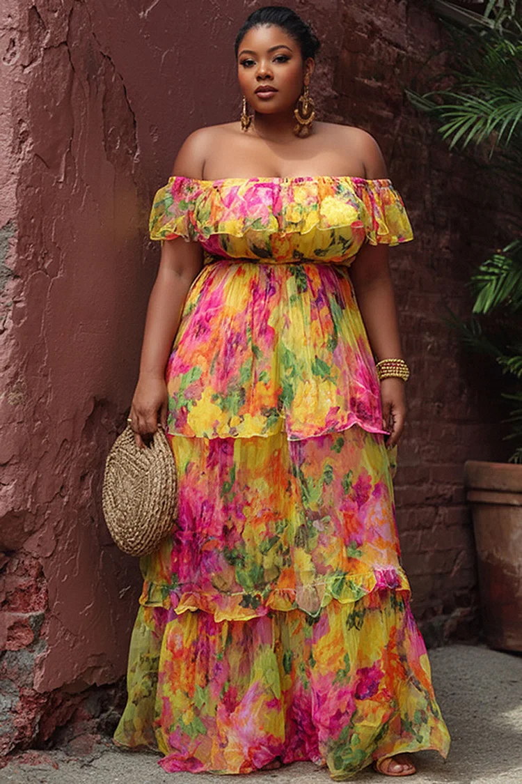 Xpluswear Design Plus Size Vacation Multicolor Floral Off The Shoulder Short Sleeve Ruffle Tiered Chiffon Maxi Dresses [Pre-Order] 2024 - Xpluswear
