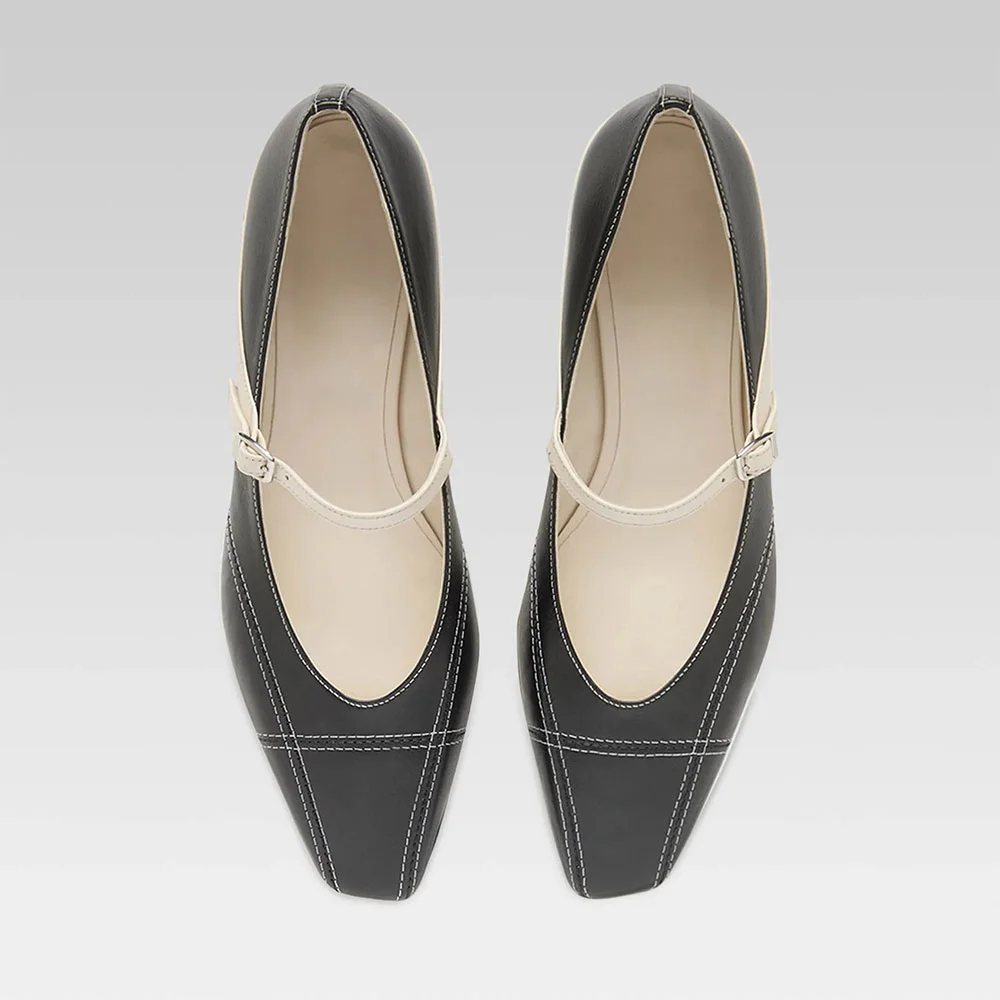 Fashion Black & Ivory Square Toe Contrast Stitching Mary Jane Pumps