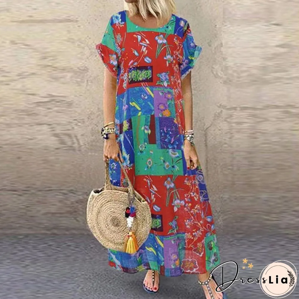 Women Summer Short Sleeve Fashion Printed Dress Party Beach Kaftan Long Maxi Dress Plus