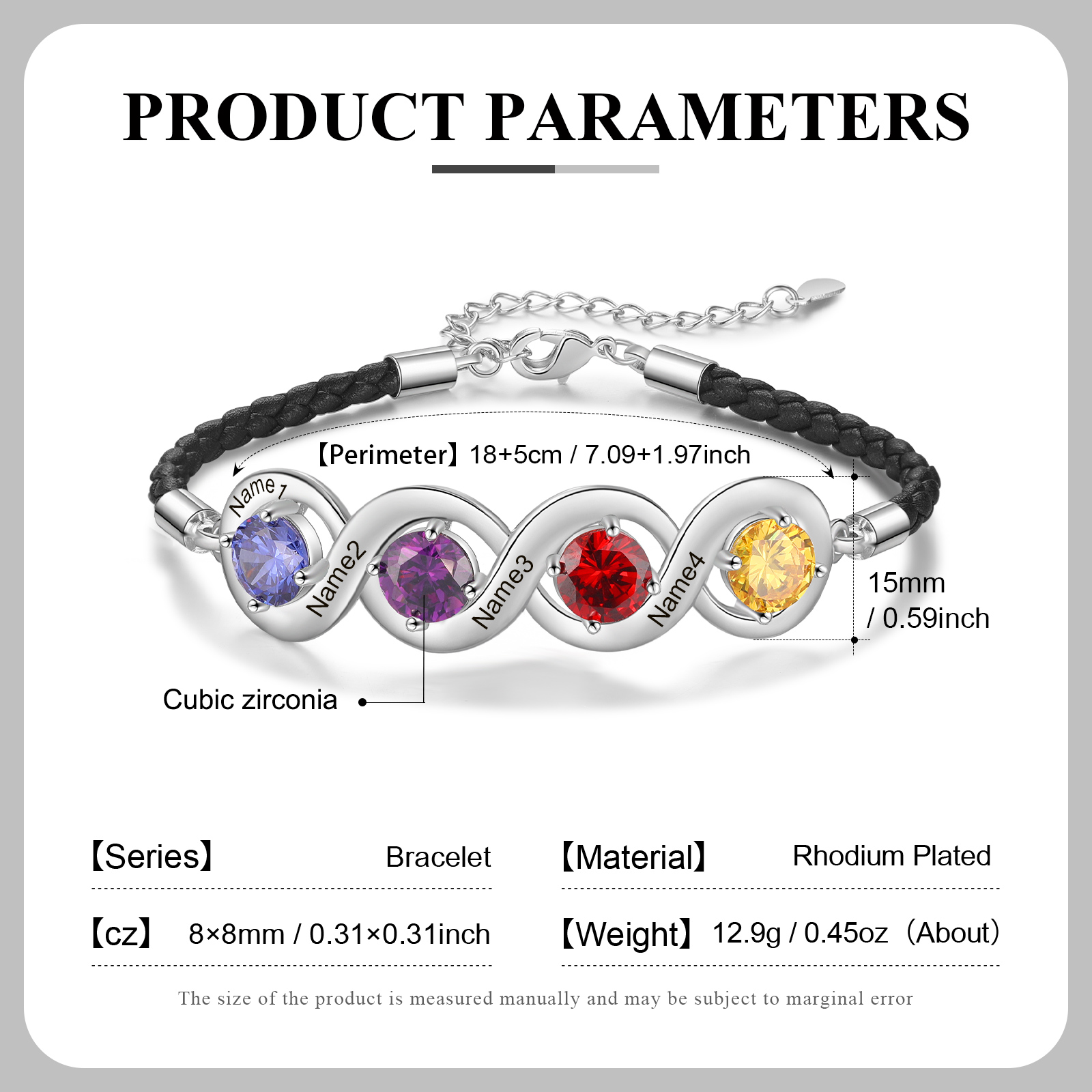 Braccialetto infinito personalizzato con 4 nomi e 4 pietre di nascita regalo per donna