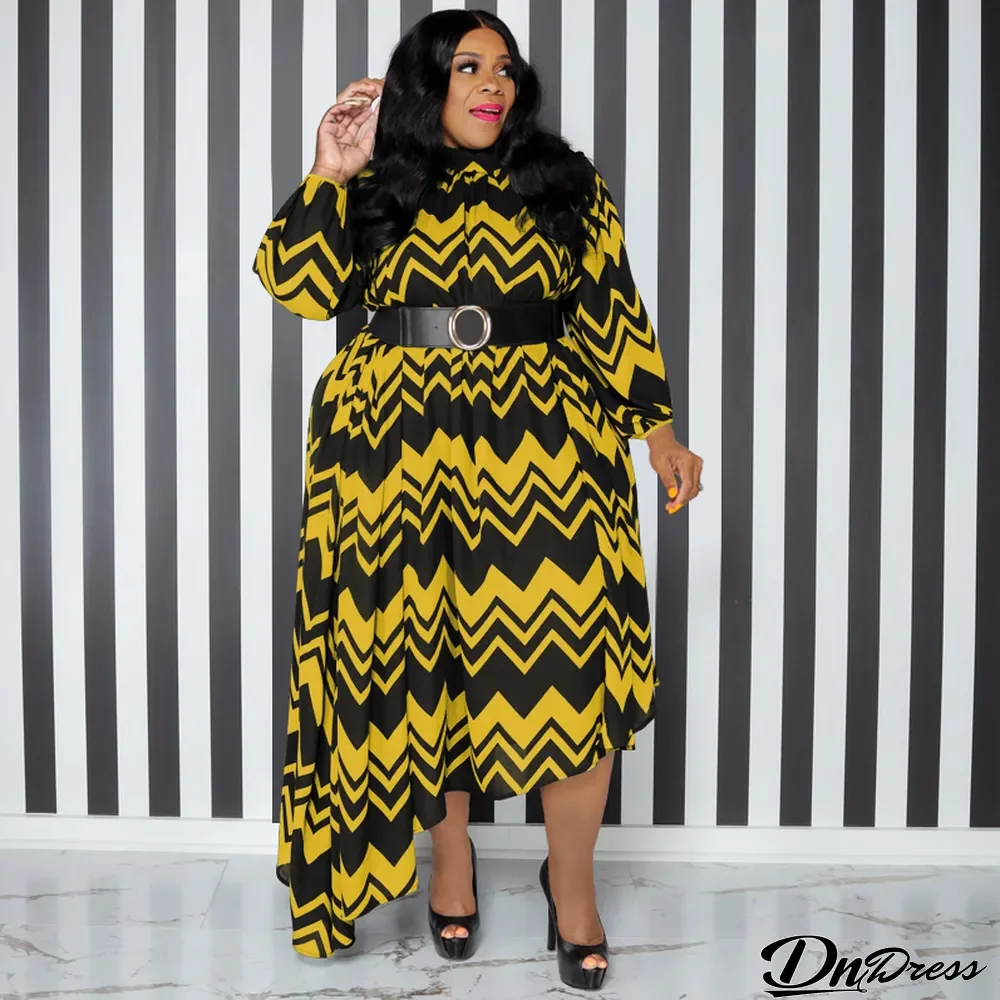 Plus Size Printed Long Sleeve Maxi Dress With Belt