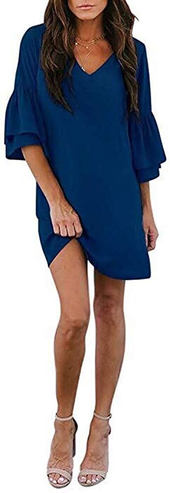 Women's Chiffon V Neck Bell Sleeve Casual Loose Shift Party Mini Short Dresses