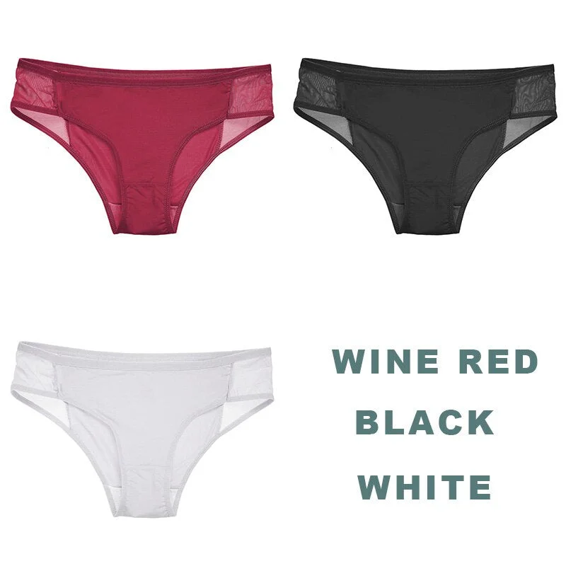 3PCS/Set Side Mesh Sexy Panties Perspective Underwear Women Briefs Female Underpants Solid Color Intimates Lingerie Lace Panties