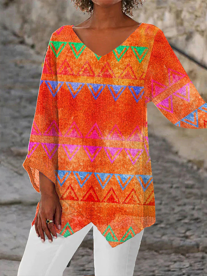 Women Long Sleeve V-neck Graphic Floral Printed Top