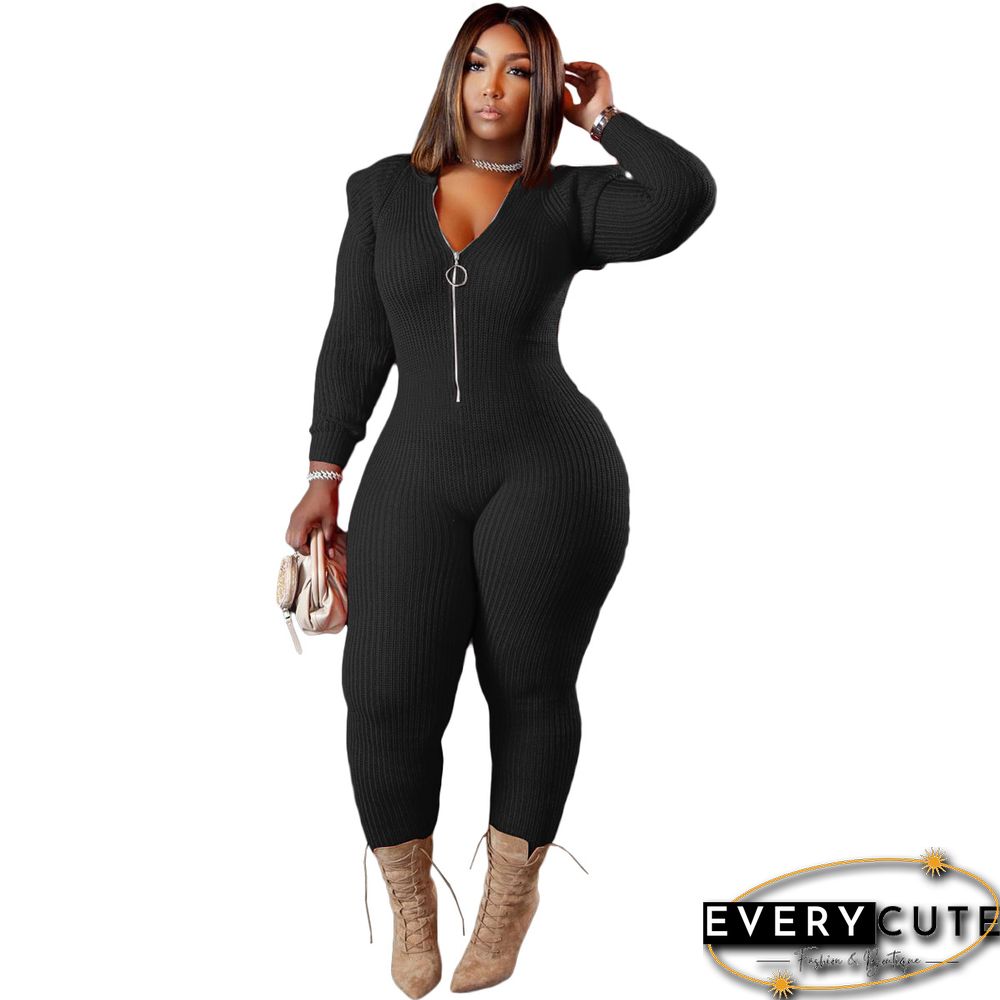 Knitted Long Sleeve Shoulder Padded Hooded Jumpsuit