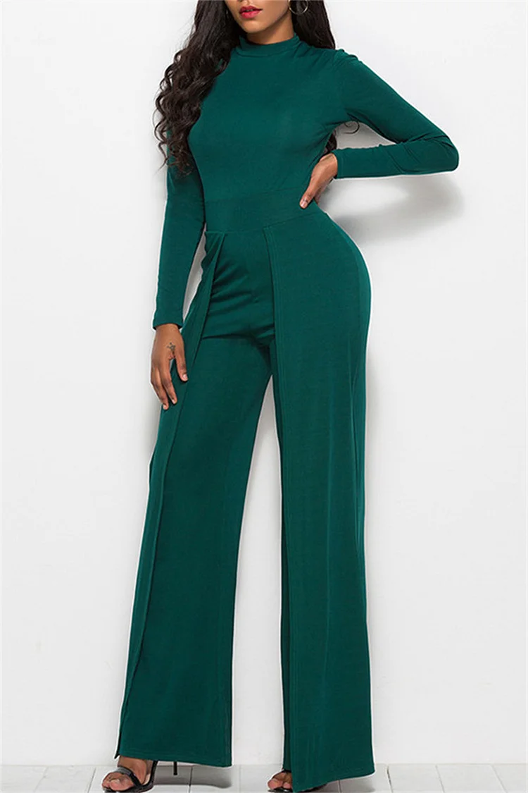 Ink Green Fashion Casual Solid Basic Regular Jumpsuits