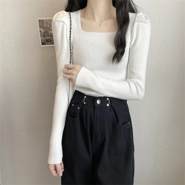 Brownm Brownm Collar Bottom Shirt Women's 2023 Autumn Winter New Knitting Low Coltleneck Sweater Short Black Bubble Sleeve Jacket Tide