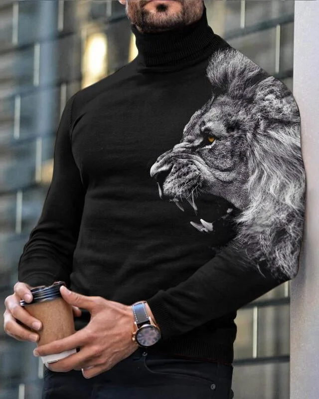 Men's Casual Lion Print Long Sleeve Turtleneck Top