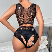 Lovingerie - Black Split Mesh Dress with Hot Drilling Bodysuit Queen of the Ball Lingerie