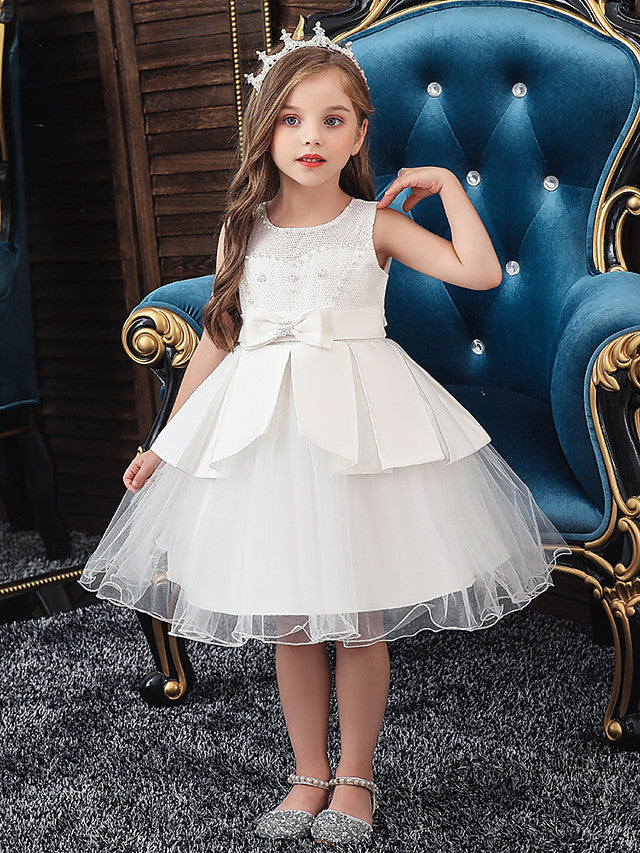 A-Line Knee Length Wedding / Party Communion Dresses - Tulle / Matte Satin / Poly&Cotton Blend Sleeveless Jewel Neck With Lace / Bow(S) / Beading
