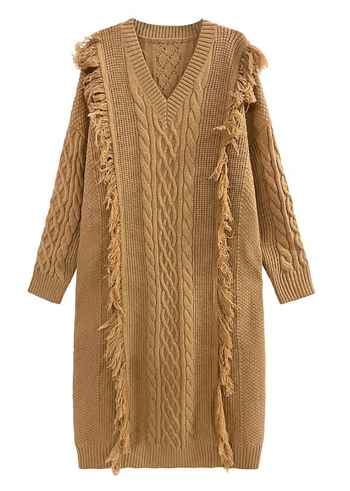 Classy Khaki O-Neck Print side open Fall Knit Knit Long Sweater