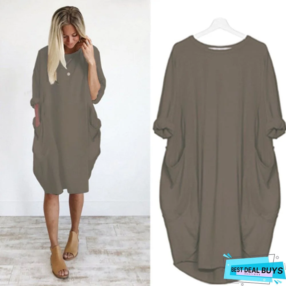 Women's Casual Loose Pocket Long-Sleeved Plus-Size Dress