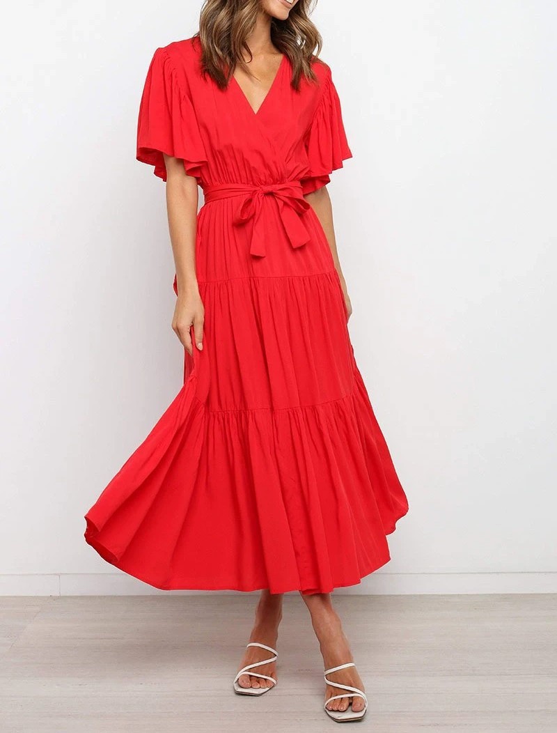 Women's Elegant Boho Lace-up V-neck Party Dresses Spring Summer New Female French Pleated Solid Short Sleeves Big Hem Midi Dress
