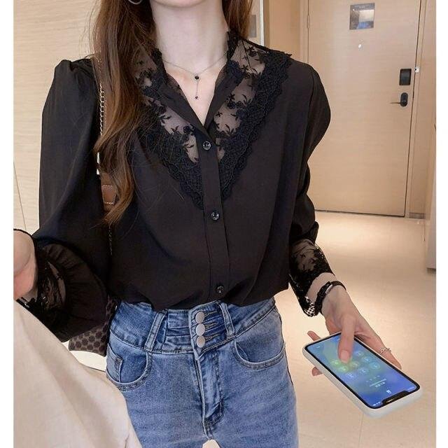 Spring Fashion Button Up Lace Shirt Vintage Blouse Women White Black Lady Long Sleeves Female Loose Street Shirts Oversized - Shop Trendy Women's Fashion | TeeYours
