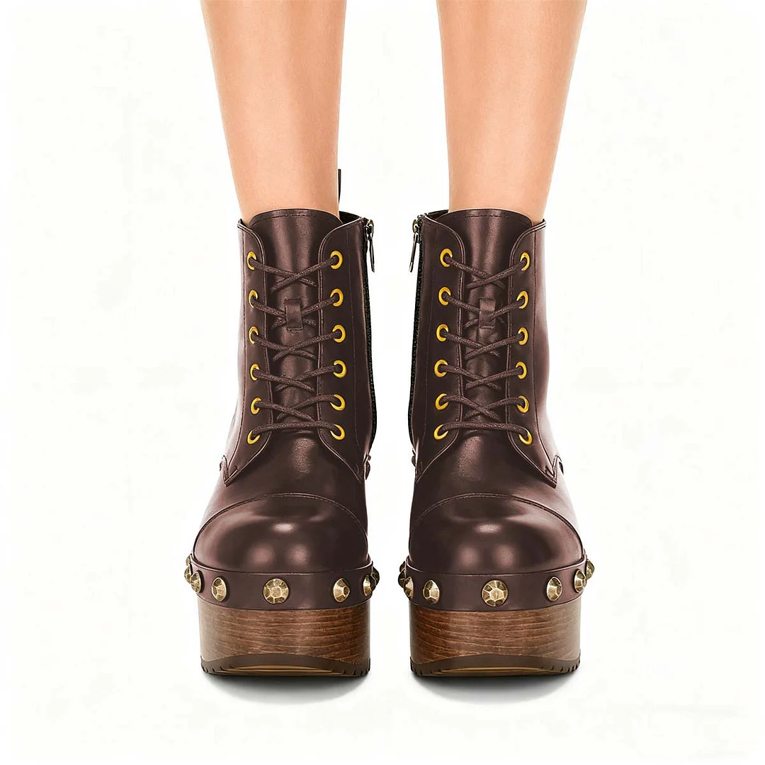 Chic Brown Platform Lace Up Zipper Wedge Heel Booties with Studded