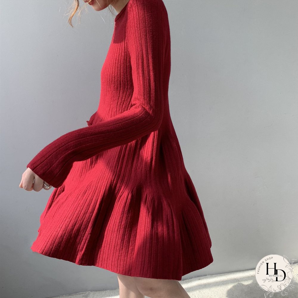 Spring Autumn Sexy Mini Dress Women O-Neck Long Sleeve Elastic Waist Korean A-Line Knitted