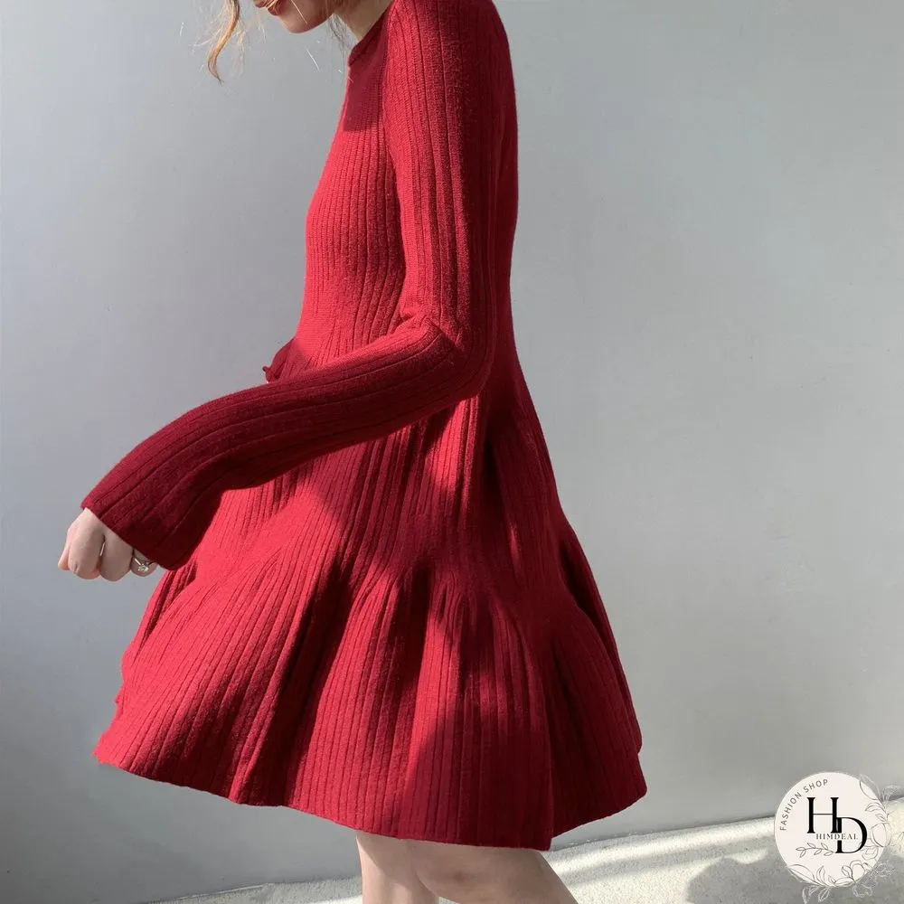 Spring Autumn Sexy Mini Dress Women O-Neck Long Sleeve Elastic Waist Korean A-Line Knitted