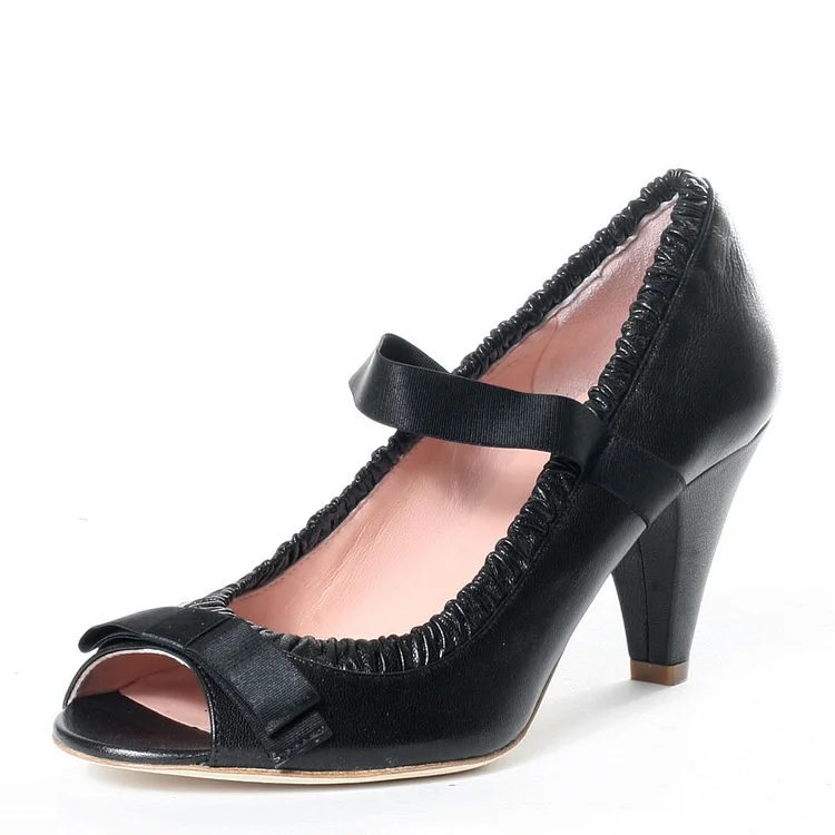 Black Peep Toe Mary Jane Pumps Cone Heel Vintage Shoes with Bow |FSJ Shoes