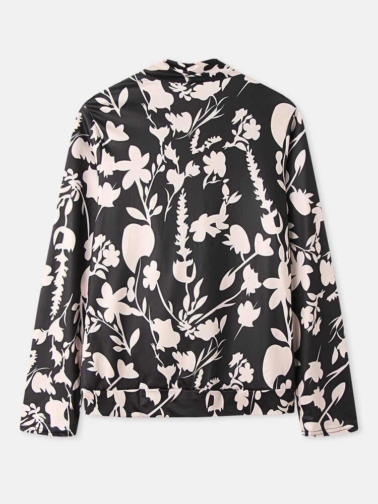 Cartoon Floral Print V neck Long Sleeve Casual Base Blouse for Women P1800637