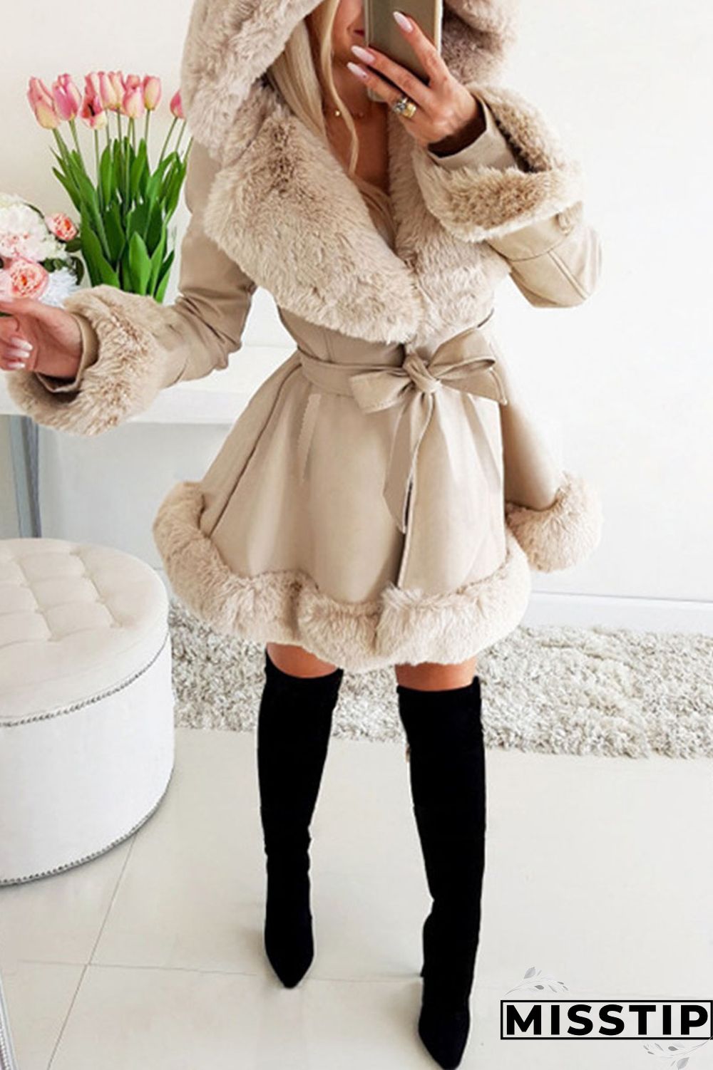 Black Sexy Solid Bandage Patchwork Feathers Hooded Collar Outerwear