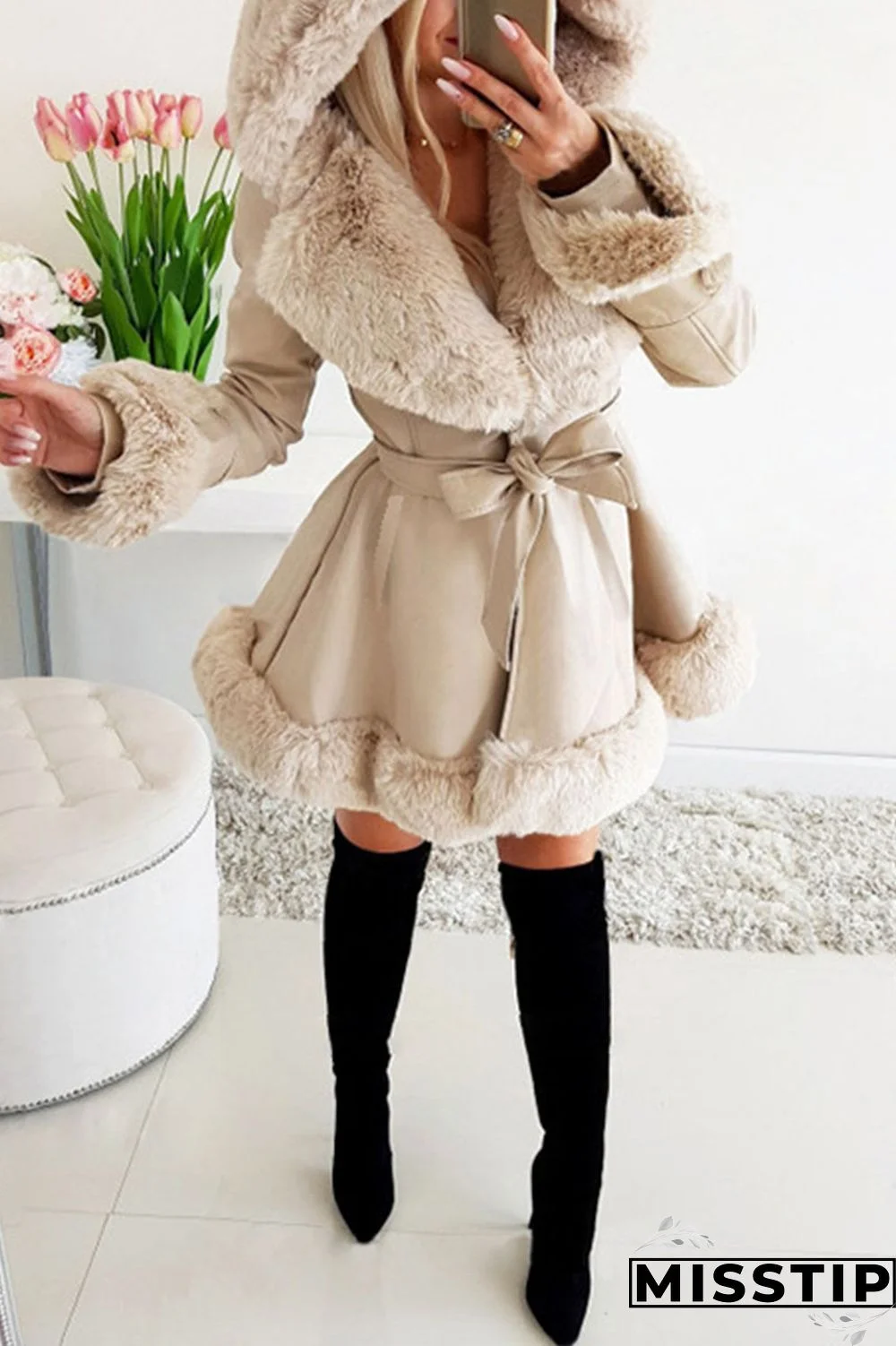 Black Sexy Solid Bandage Patchwork Feathers Hooded Collar Outerwear