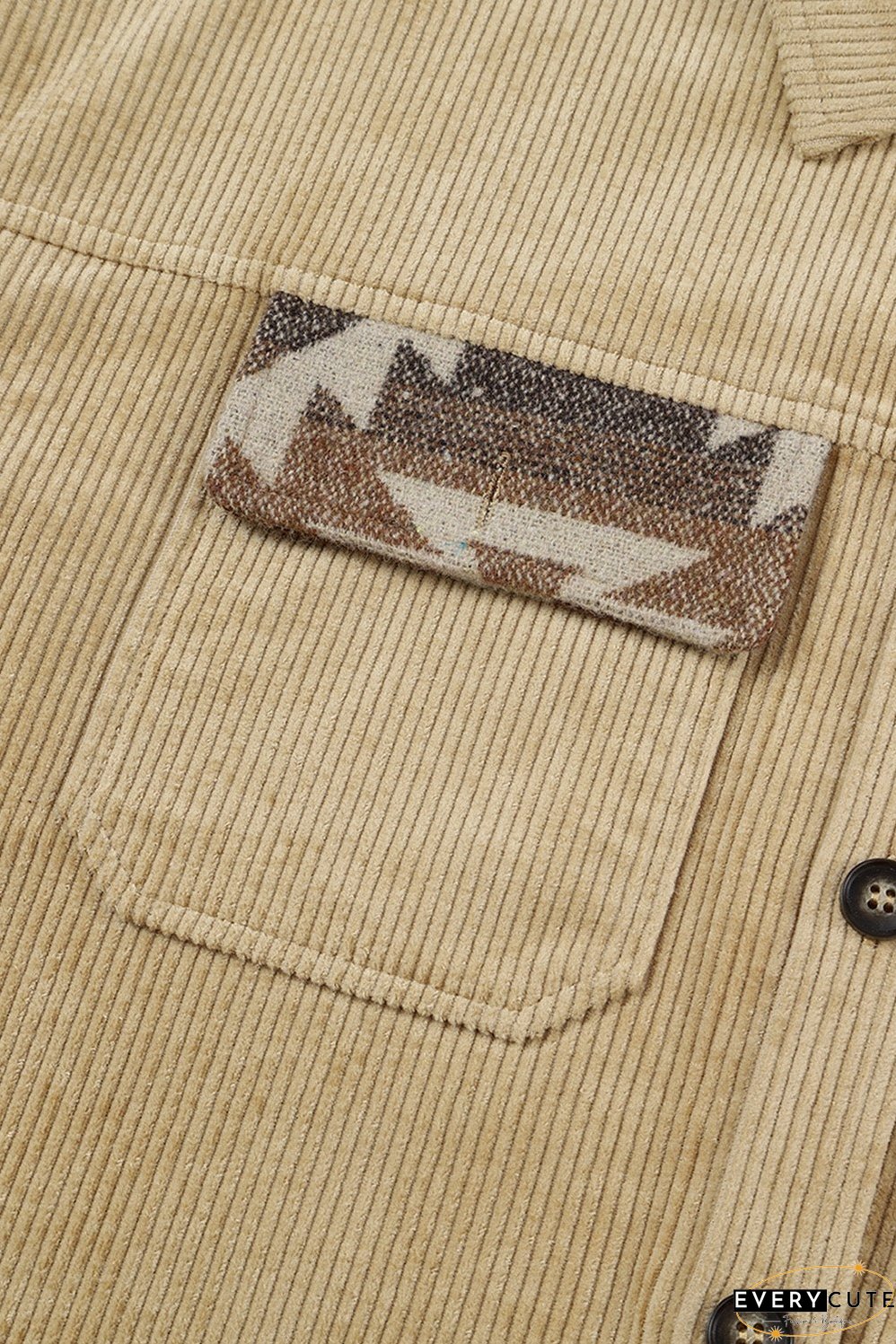 Khaki Aztec Print Patchwork Frayed Edge Corduroy Jacket