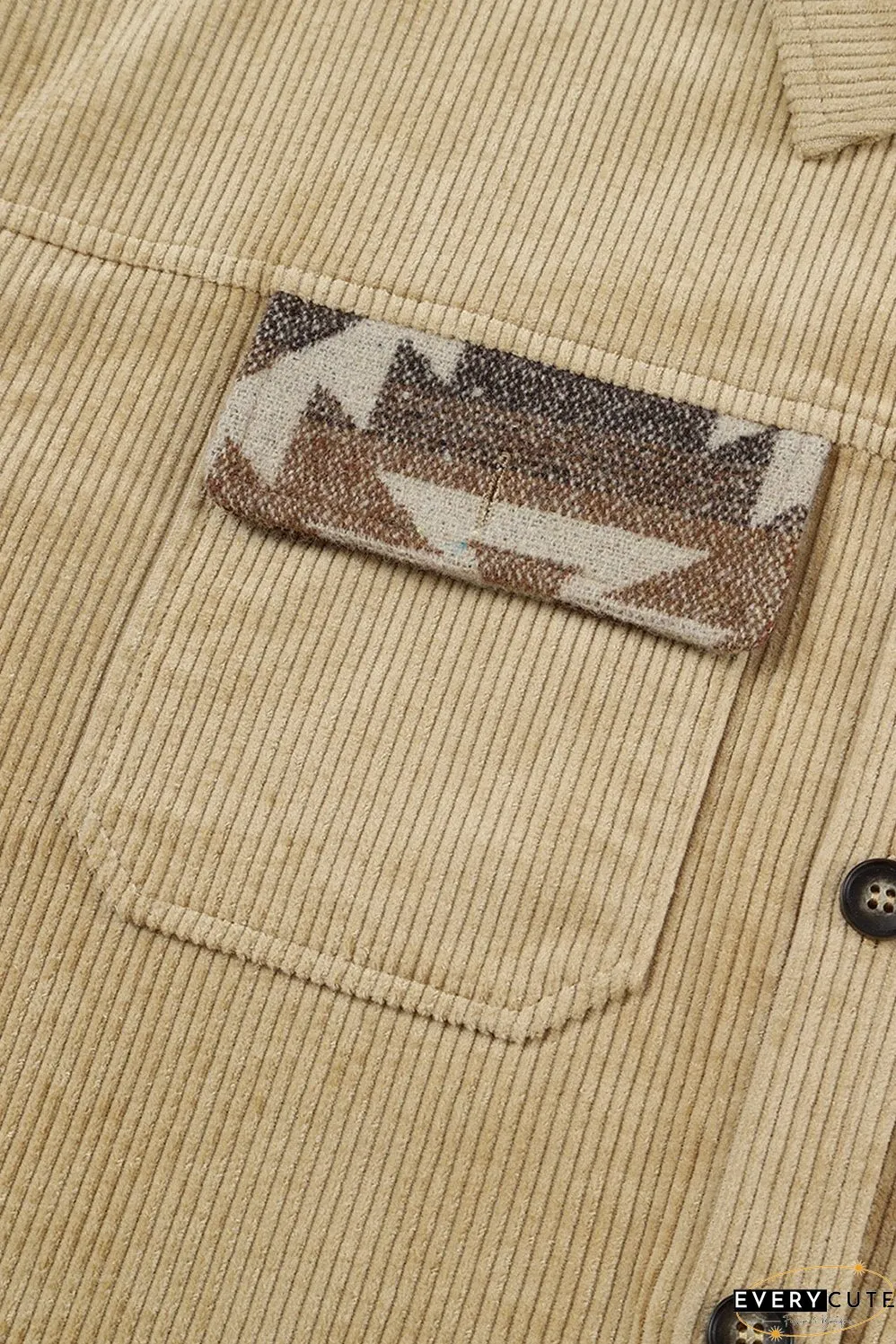Khaki Aztec Print Patchwork Frayed Edge Corduroy Jacket