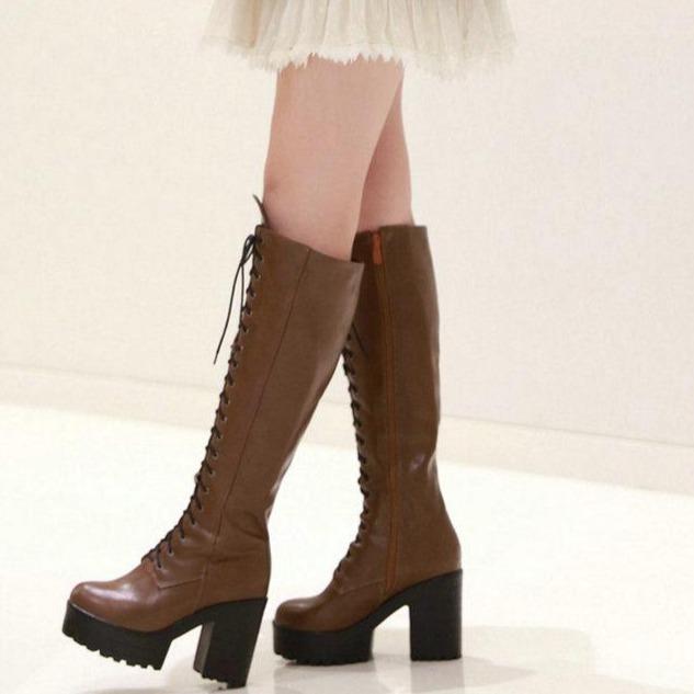 Women chunky block heel front lace zipper long combat boots