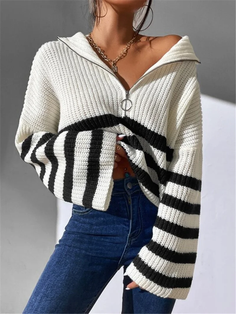 Athvotar Athvotar 2025 New Striped Collar Knitting Knitting Sweater Outside The Female