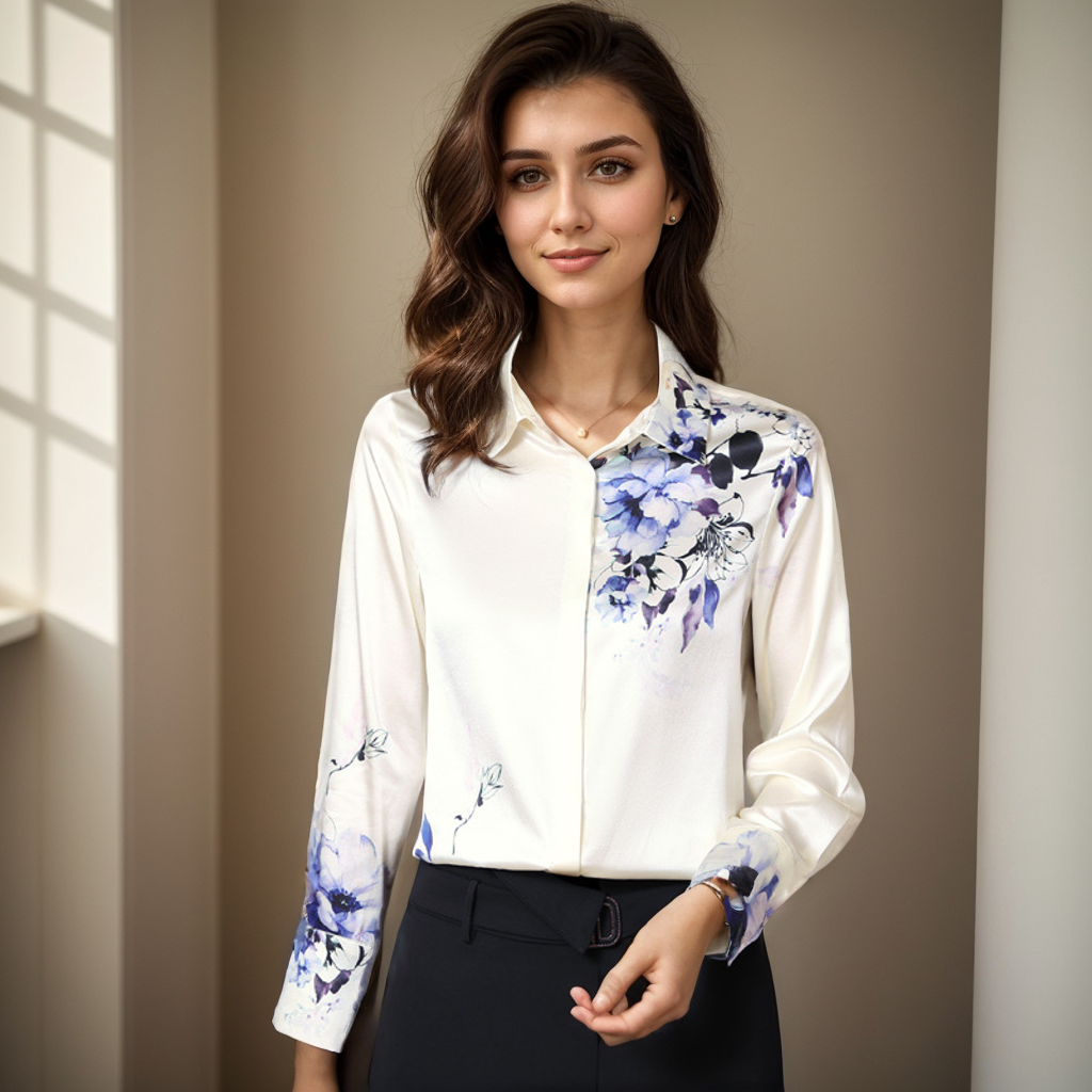 White Floral Silk Blouse For Women Simple REAL SILK LIFE
