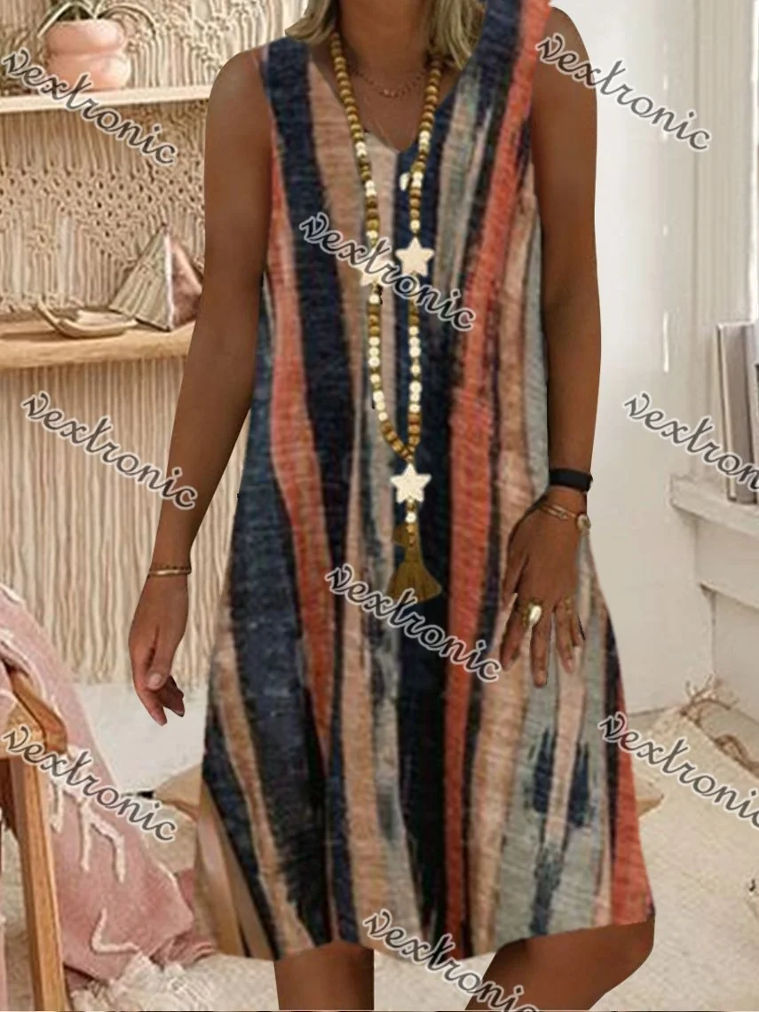 Women Casual Sleeveless V-neck Striped Printed Midi Dress