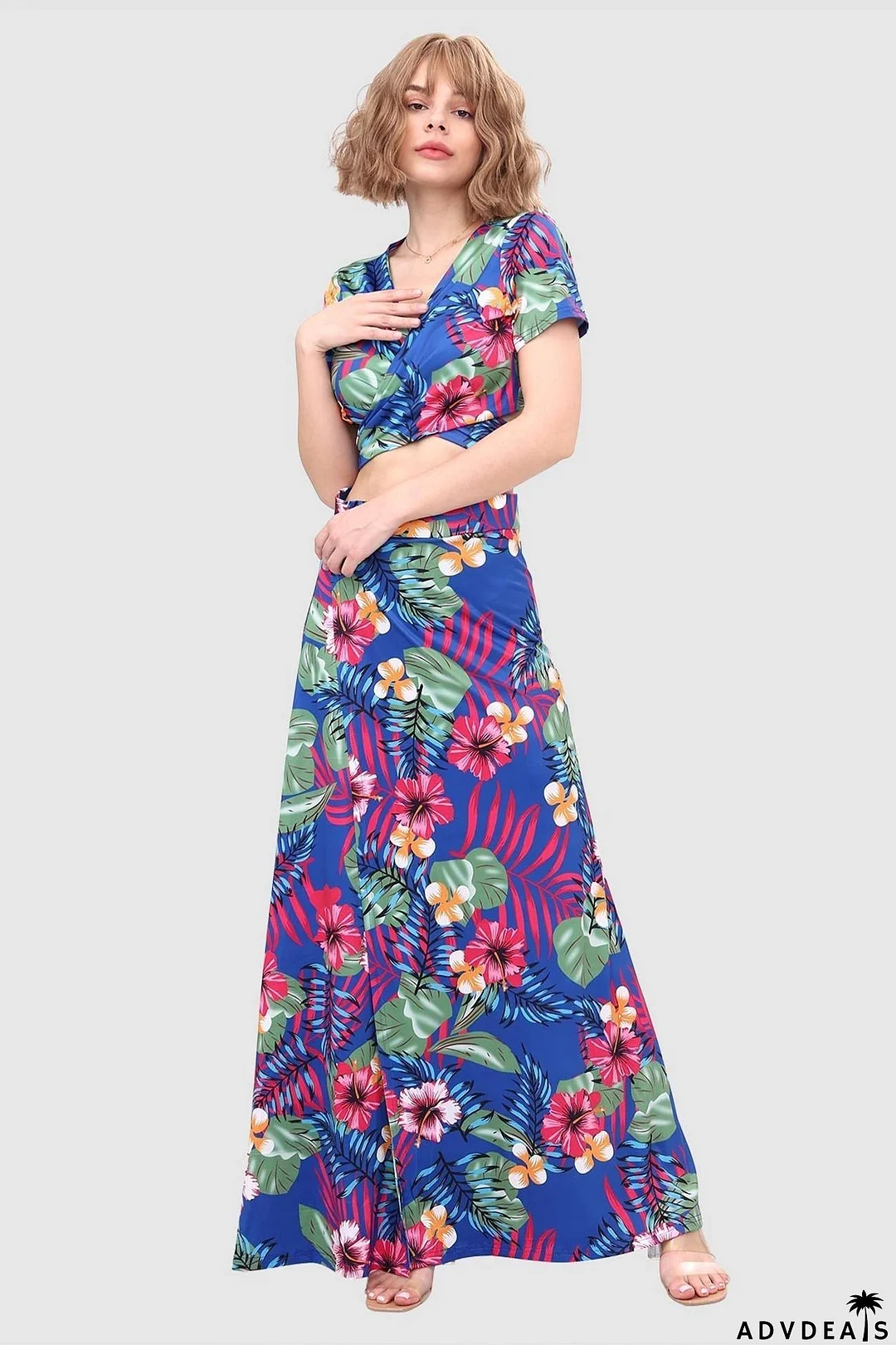 V-neck Leaf Print Two-piece Dress with Tied Back