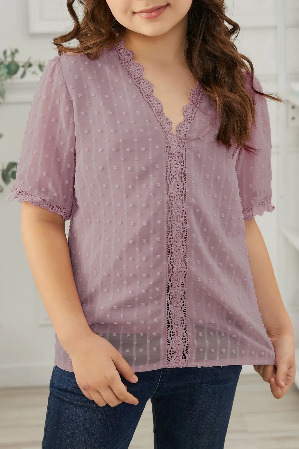 Pink Swiss Dot Lace Short Sleeve Girls Top | IFYHOME