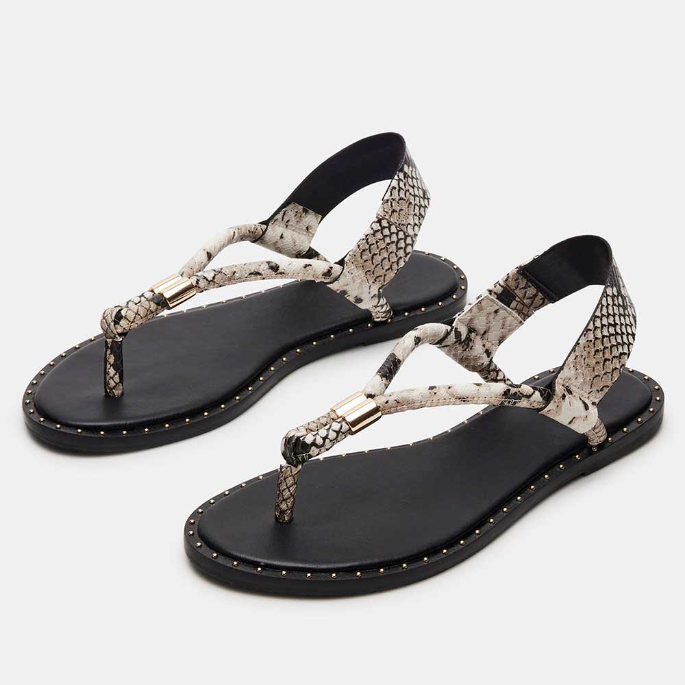 Black Vegan Leather Python Strappy Flat Summer Sandals for Women Nicepairs