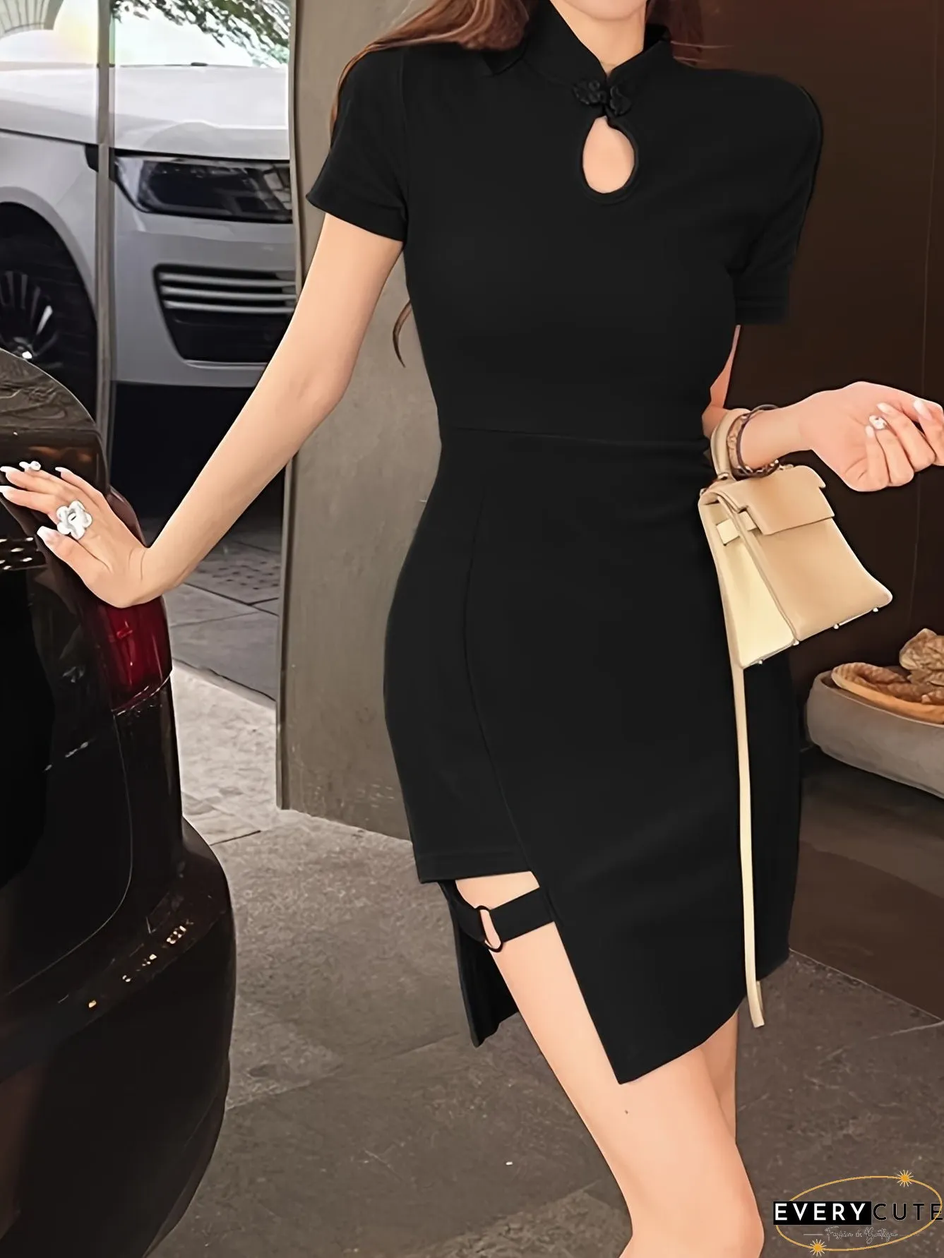 Solid Frog Button Asymmetrical Dress Vintage Short Sleeve Cut Out Mandarin Collar