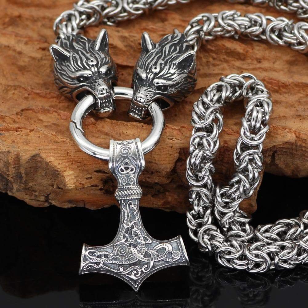 Wolf Head Chain with Sterling Silver Mjolnir
