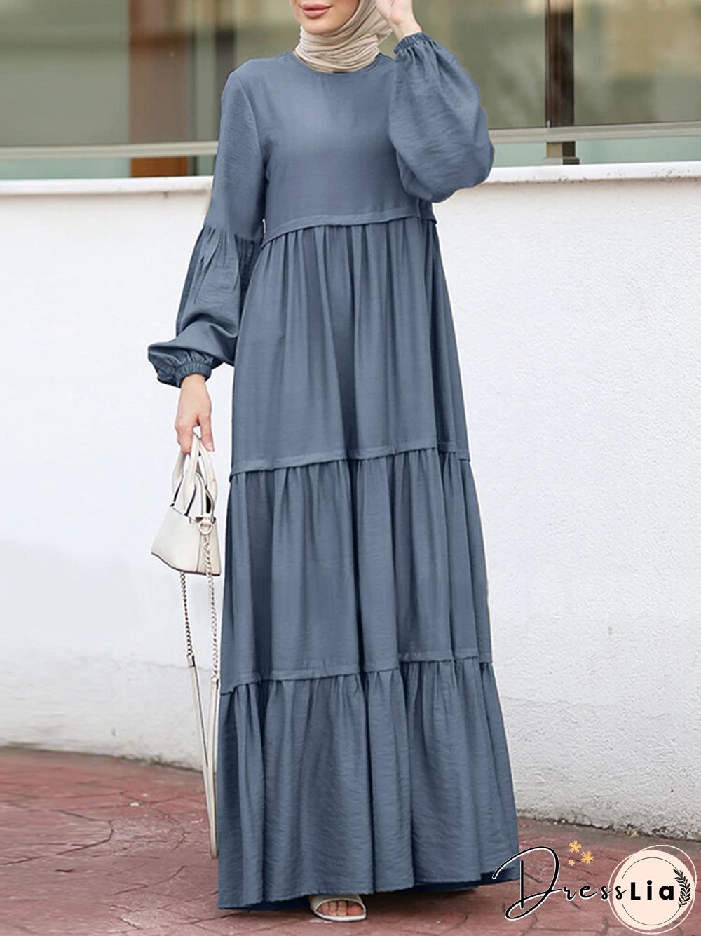 Muslim Solid Color Long Shirt Sundress Casual Pleated Maxi Dress