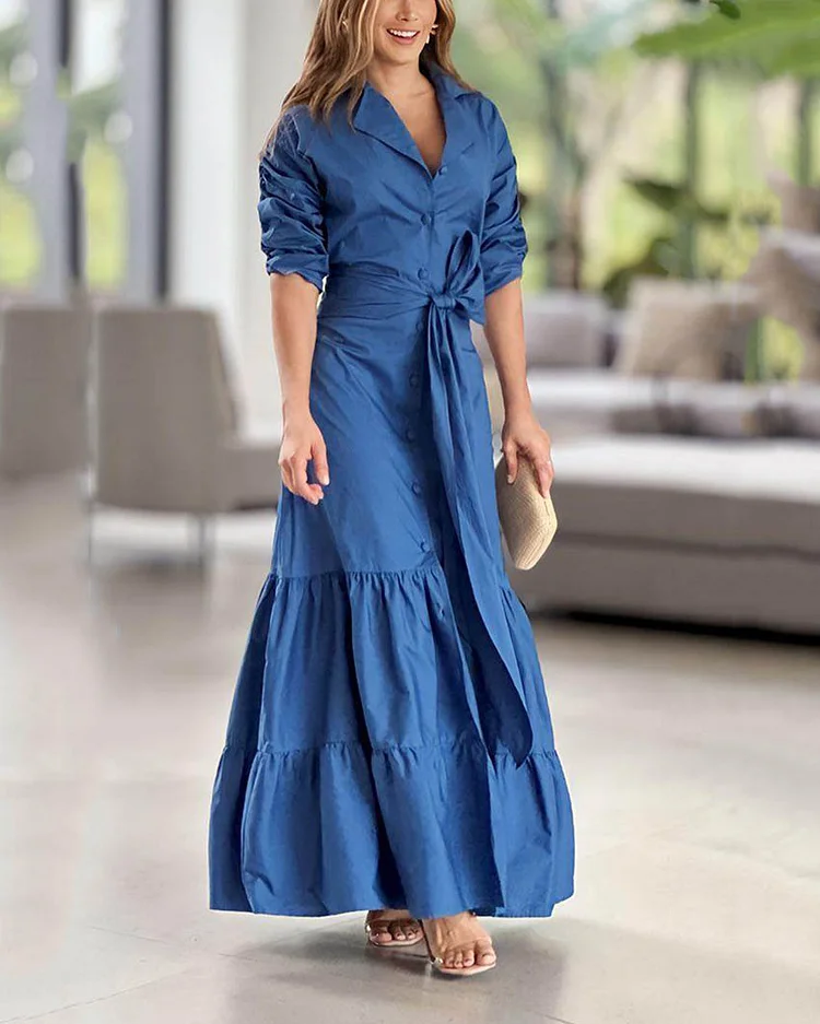 Casual Solid Color Shirt Tie Dress