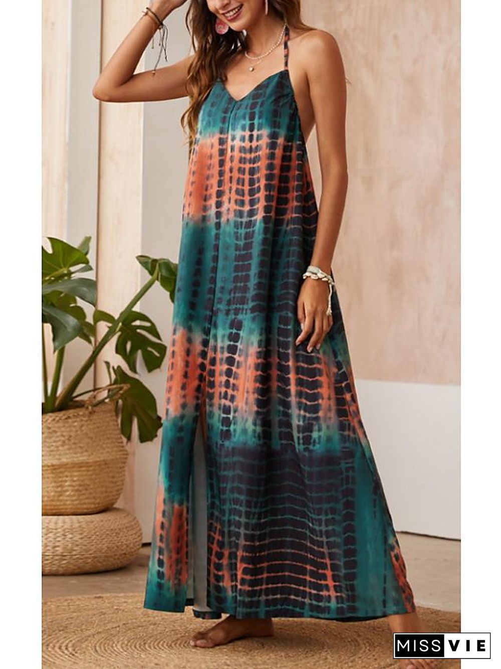 Women's Strap Dress Maxi long Dress Sleeveless Color Block Backless Summer Casual  Blue One-Size