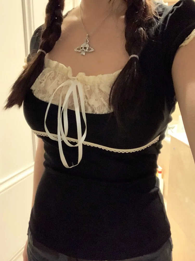 Rapcopter y2k Lace Trim Crop Top Bow Cute Sweet Tee Short Sleeve Harajuku Casual T Shirt Women Prepply Retro Korean Top Summer