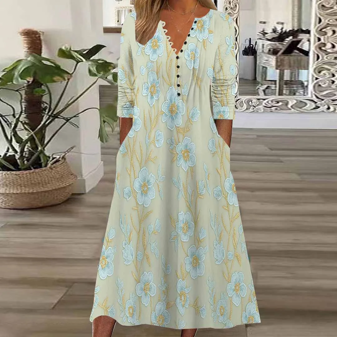 Women Floral,Green DZHB8209 Long Sleeve V-Neck Graphic Printed Midi Dress