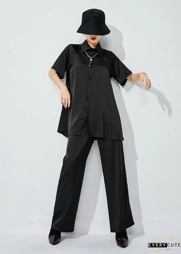 Plus Size Black Peter Pan Collar Draping Silk Two Pieces Set Spring